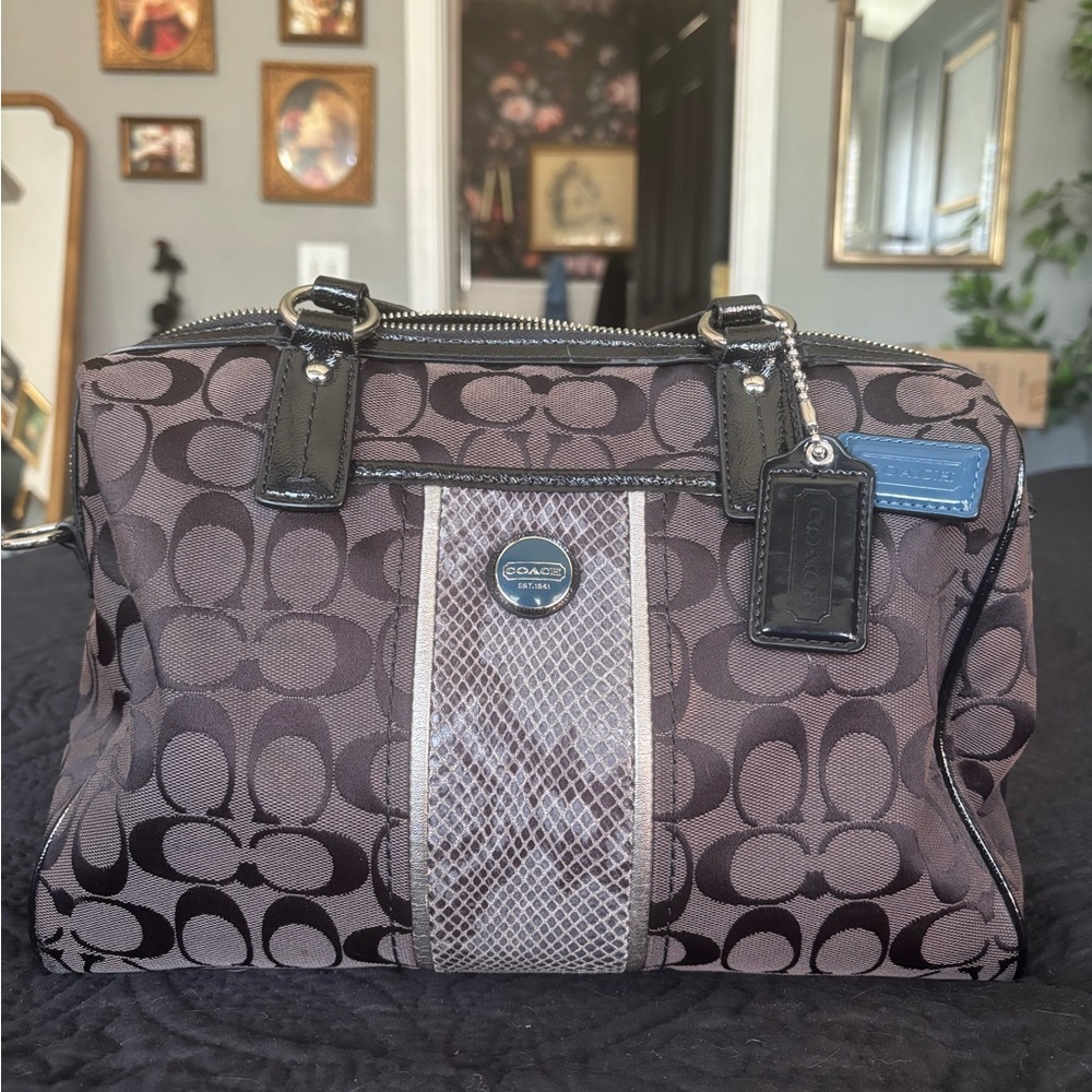 Coach 24884 Black & Grey Signature Stripe Python Satchel Handbag